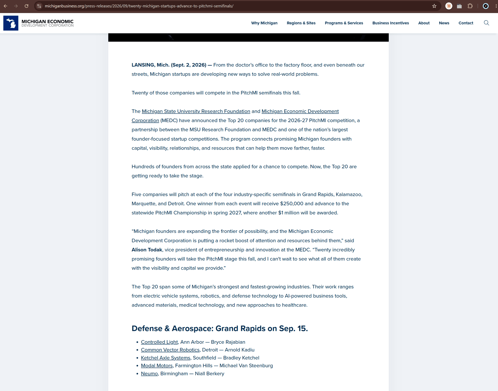 Selected as Semi-Finalist for PitchMI 2026 Defense and Aerospace